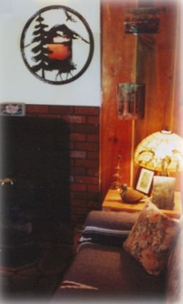 Living Room, Gas Fireplace, Tiffany Lamps in the cottage at the retreat in southern oregon, not far from crater lake national park, klamath basin birding trails, wood river wetlands, national wildlife refuges in the pacific flyway, surrounded by the winema national forest with hiking trails, wilderness areas and mountain lakes.